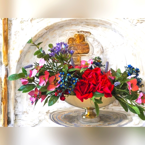 Petite Jardin Artificial Flower Arrangement Red Roses Pink Hellebores Agapanthus